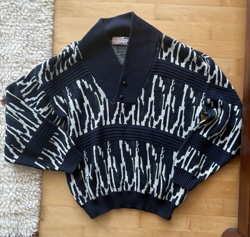 VTG Selection London Navy Print Shawl Collar Knit Popover Sweater Funky 80s M